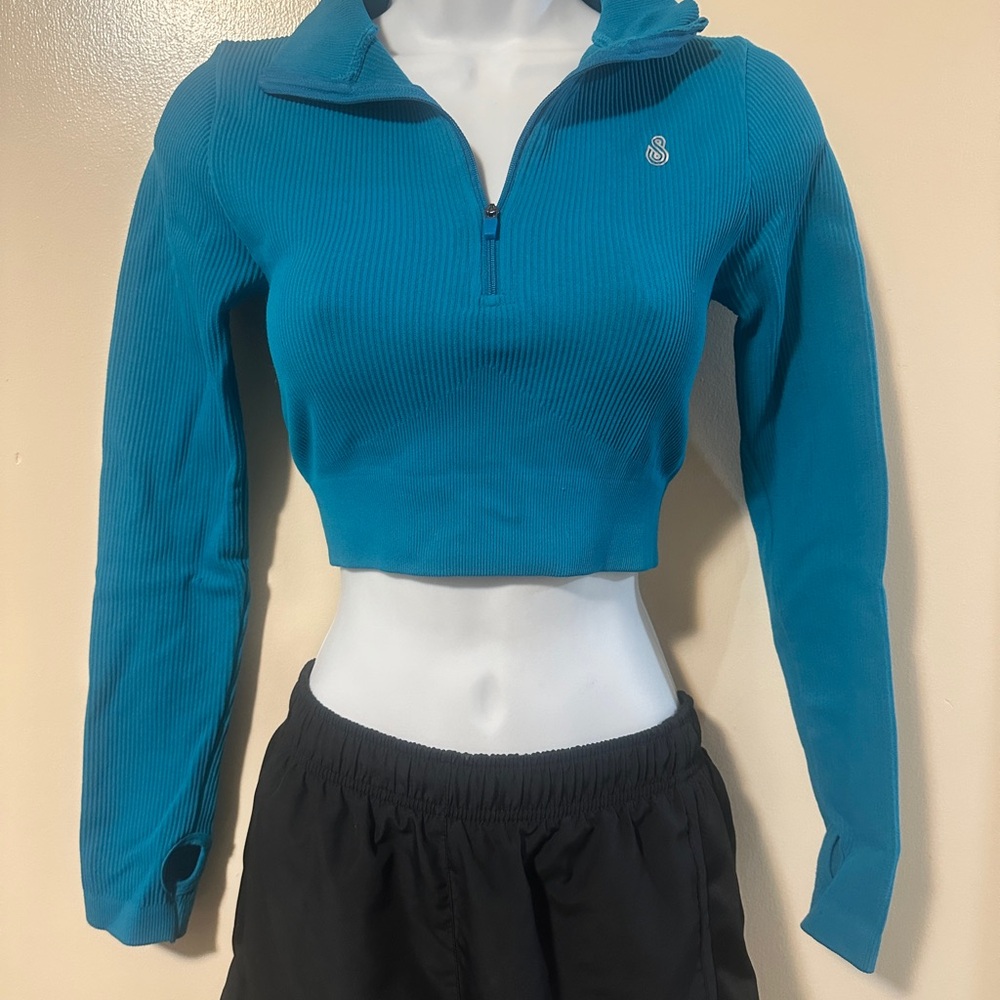 Blue Cropped Zip-Up Women Top